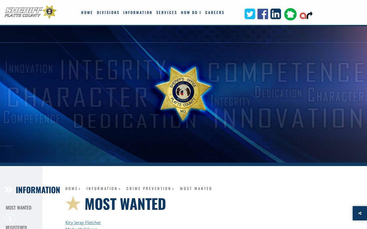 Platte County Sheriff official Most Wanted page captured during research