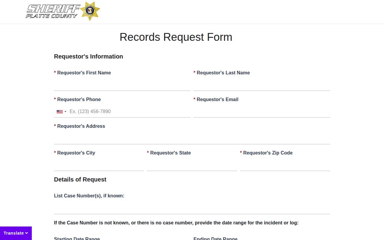 Official Platte County Sheriff online records request form