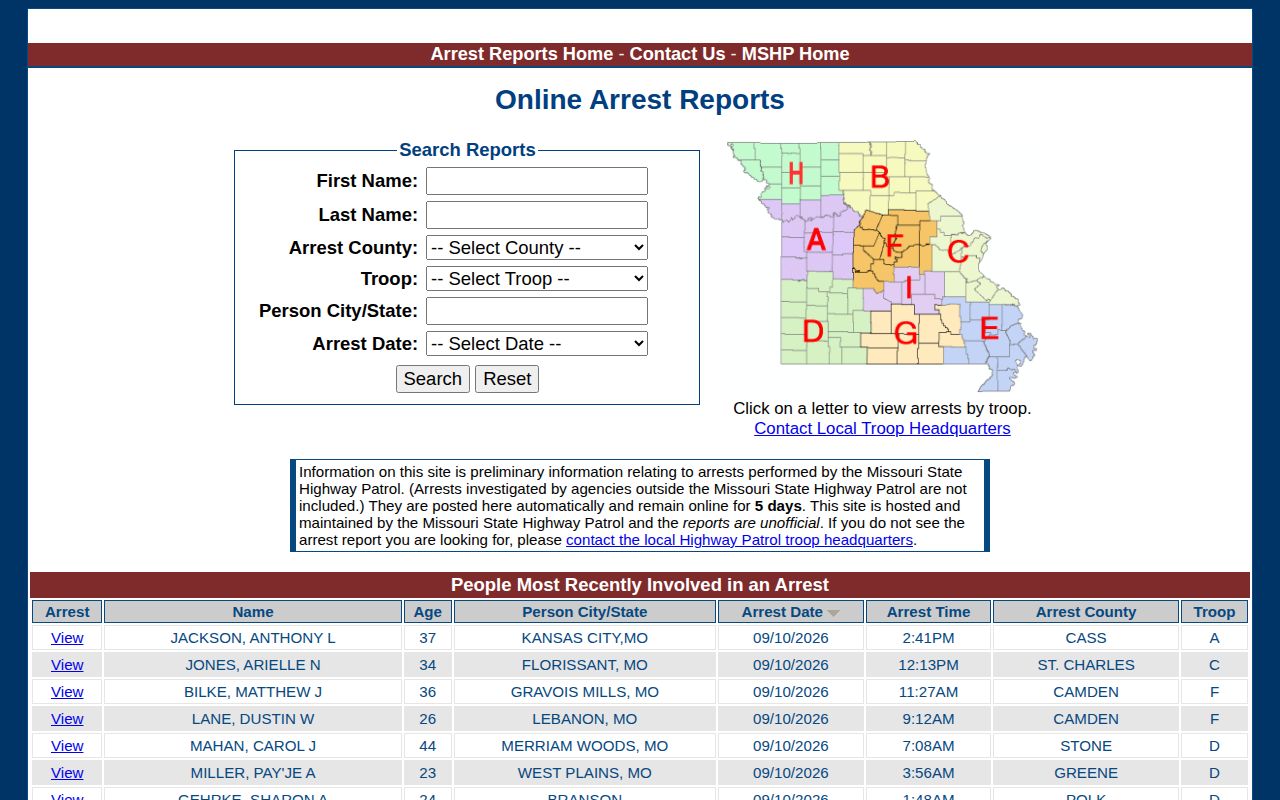 Platte County five-day arrest report search on the MSHP website
