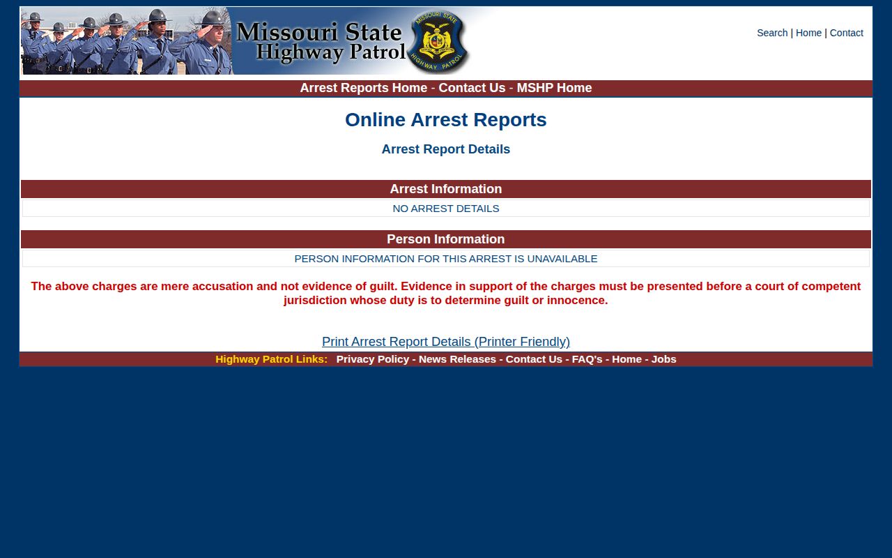 Example Missouri Highway Patrol arrest report detail for Platte County source guidance