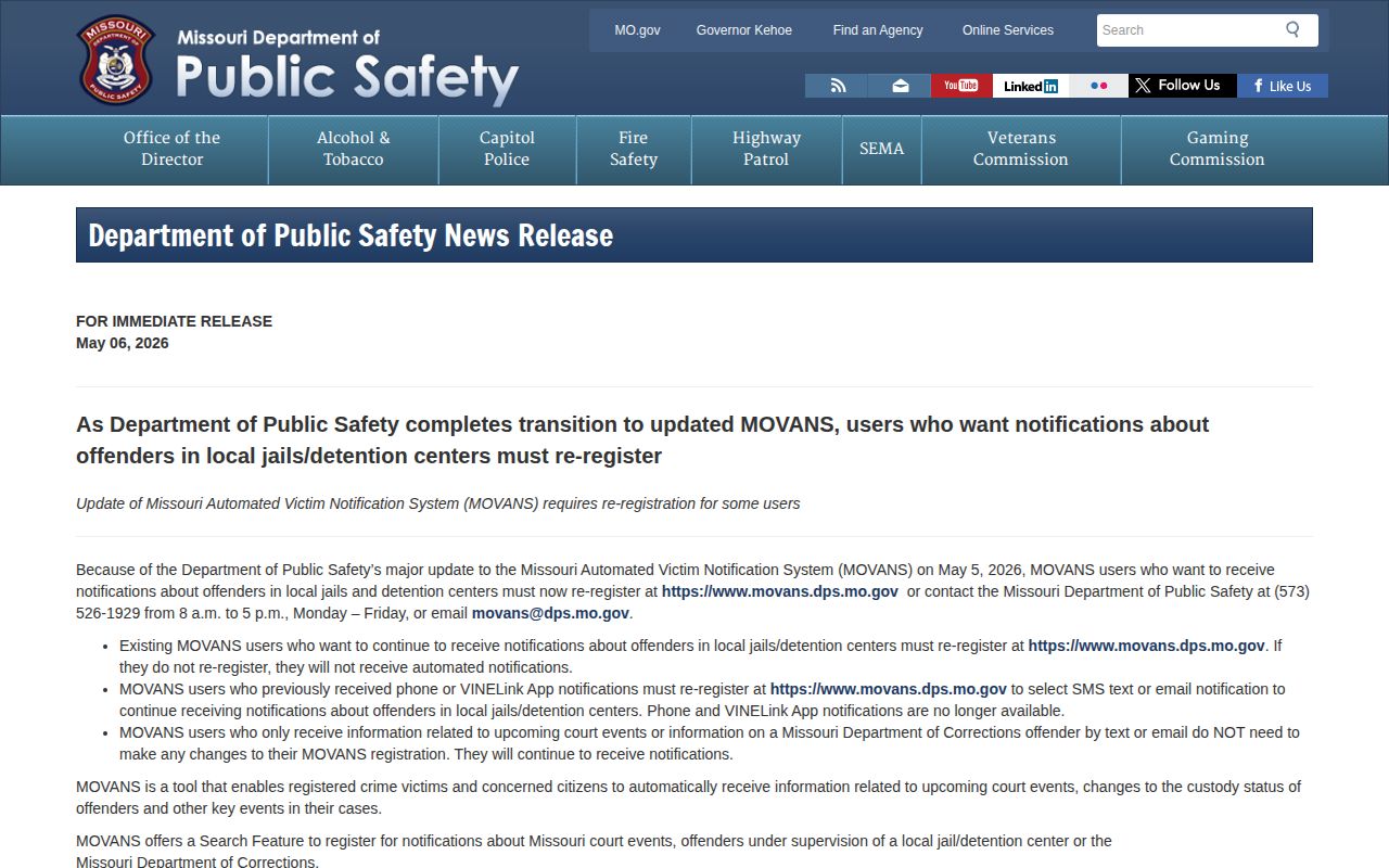 Missouri DPS notice changing Platte County local jail VINE alert registration