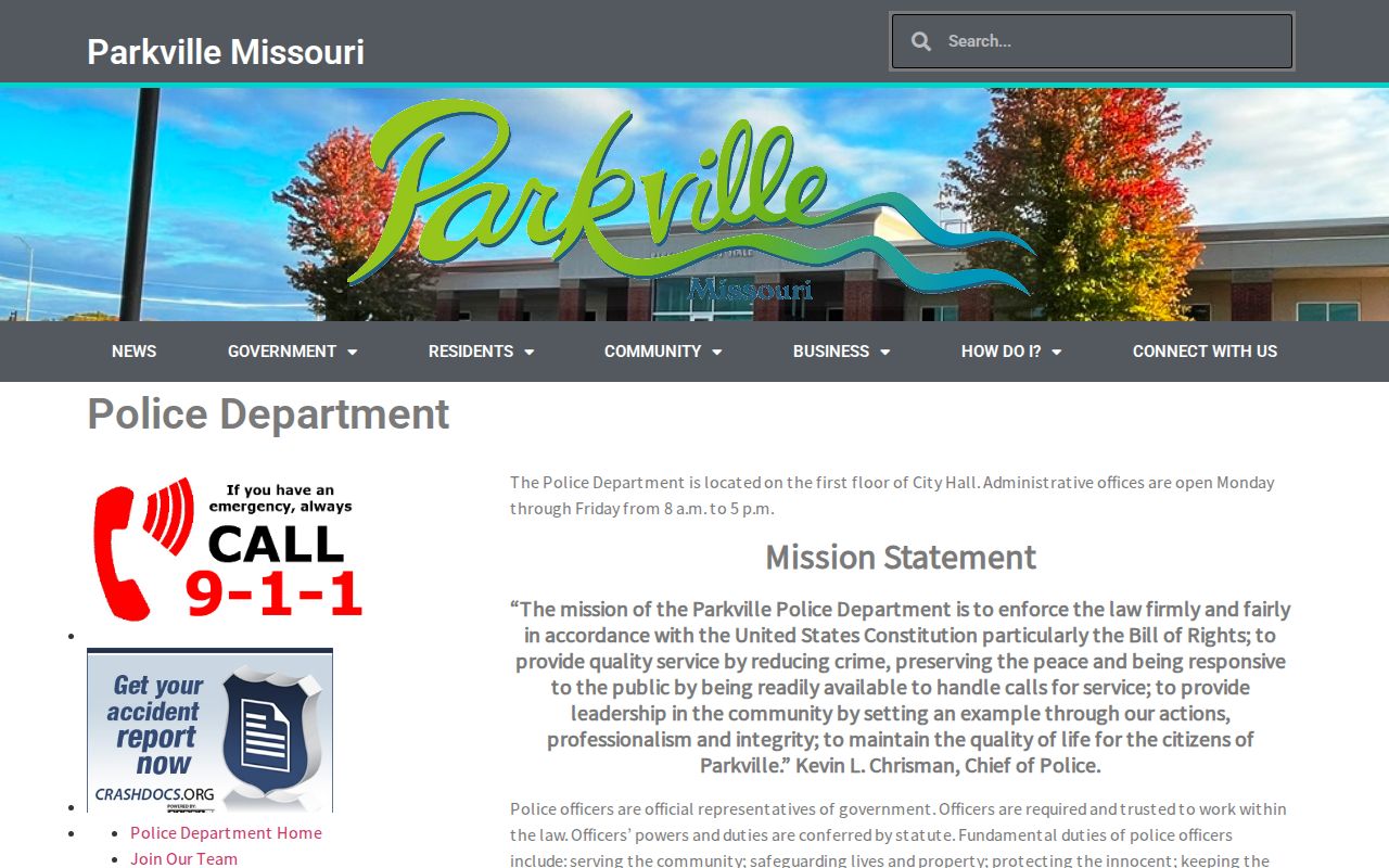 Parkville Police Department official page with City Hall contact information