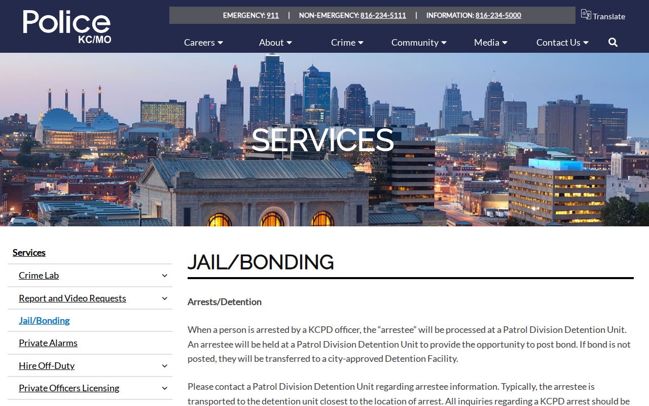 KCPD jail and bonding page explaining city and other custody routes