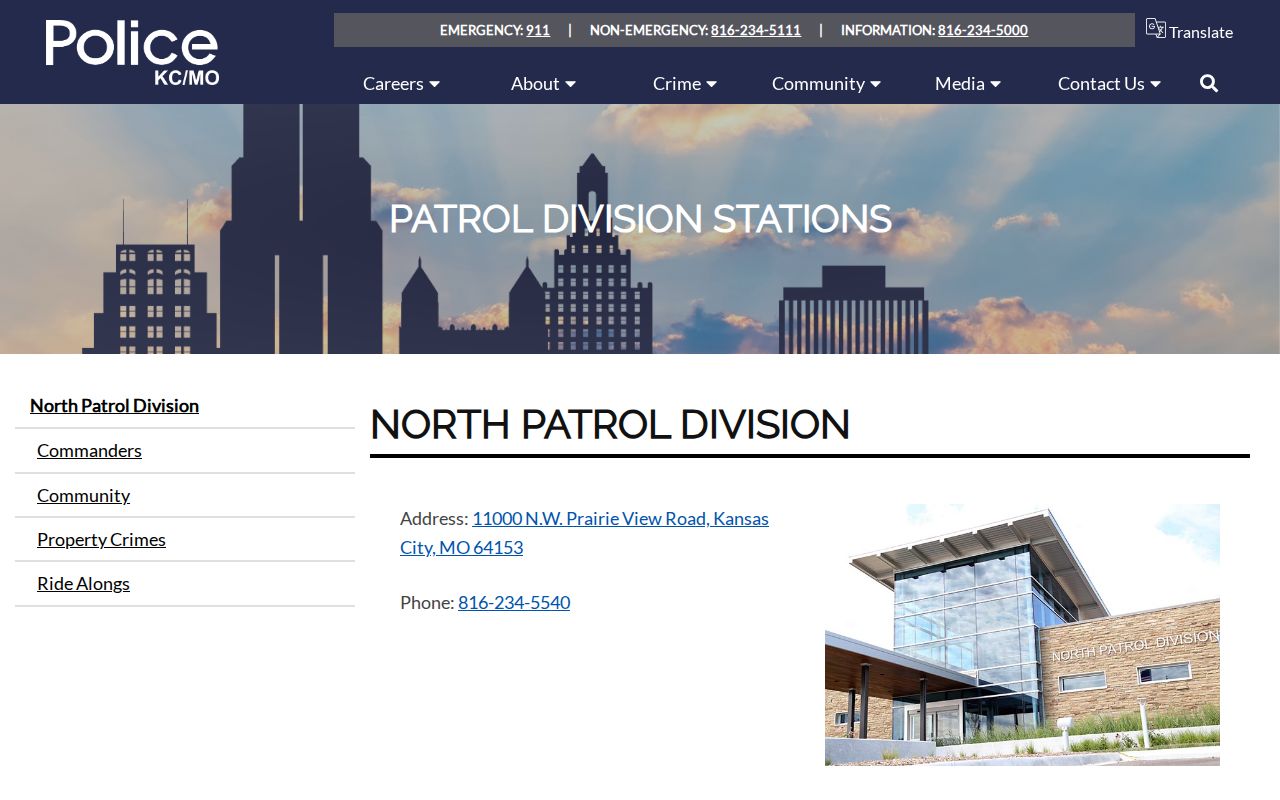 Kansas City Police North Patrol Division contact page for the Platte County area