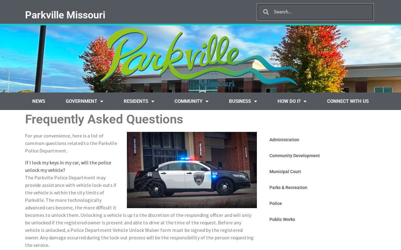 Parkville Police FAQ stating that the department has no arrest blotter