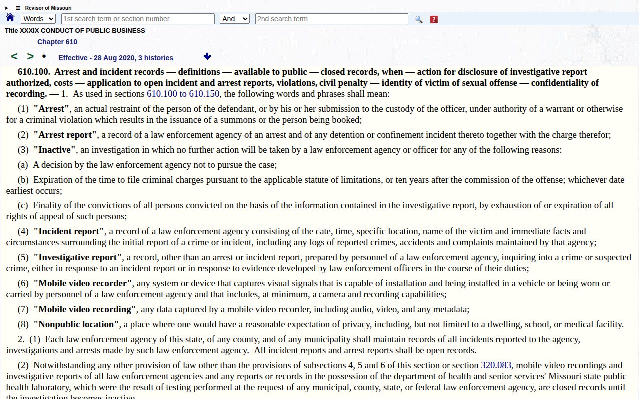 Missouri statute page describing arrest reports and public access rules